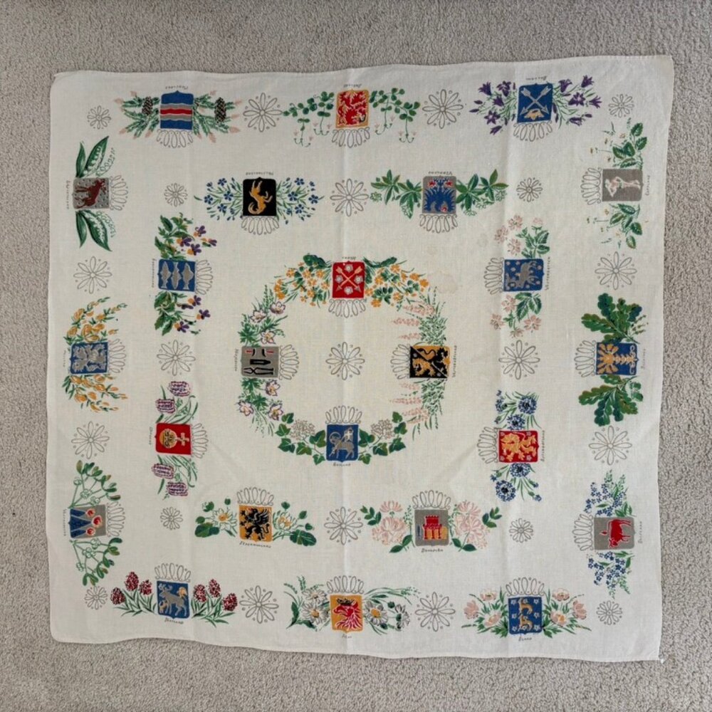 Vintage Swedish printed tablecloth featuring provincial coats of arms and floral - Picture 2 of 9